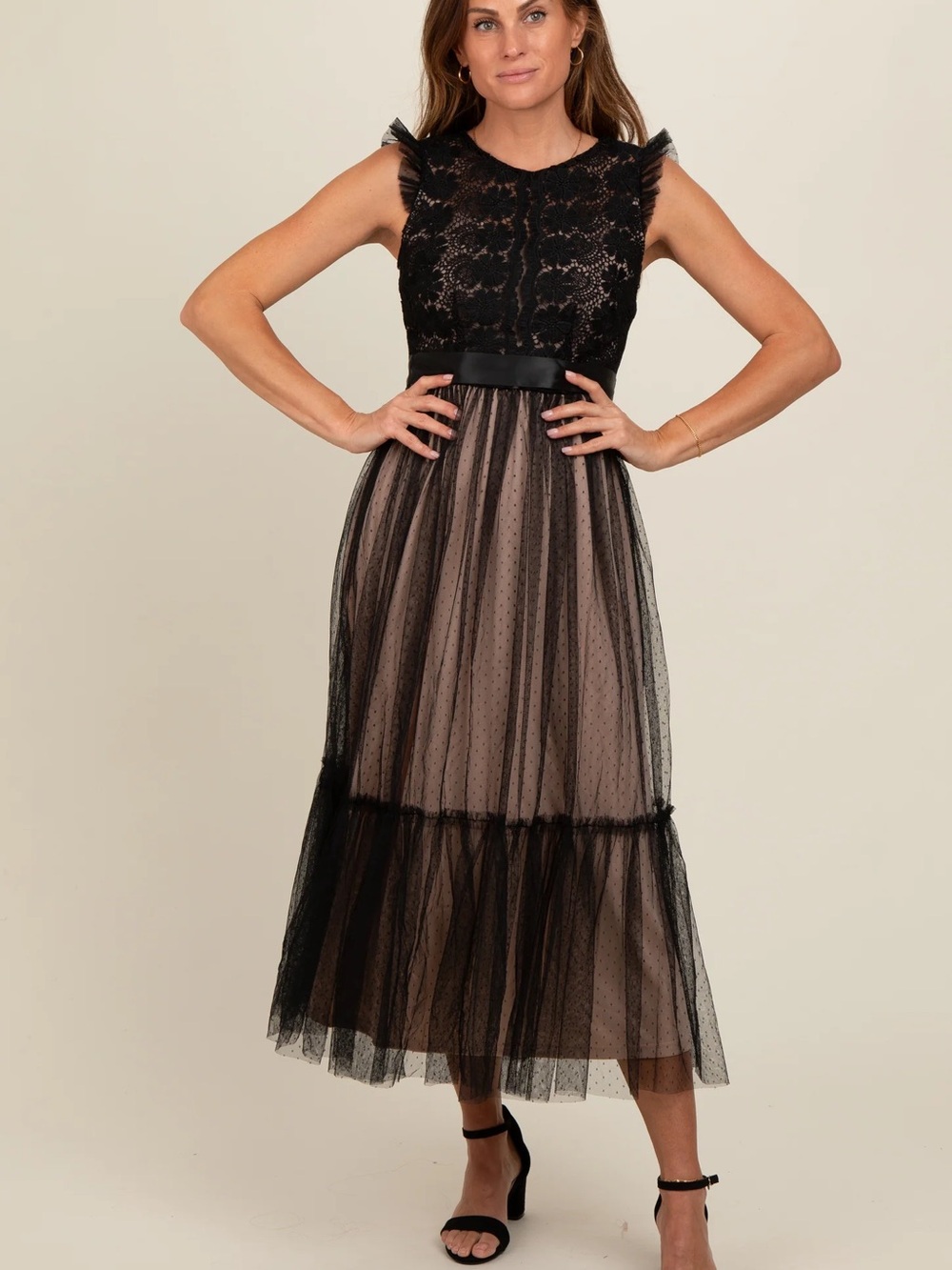042. Black Lace & Tulle Maxi Dress with Satin Waist Tie